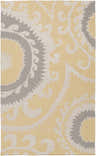 Close-up of the Tahawus Area Rug. Hand-woven wool rug in gray, mustard and taupe with a contemporary geometric pattern. Design-Rectangle