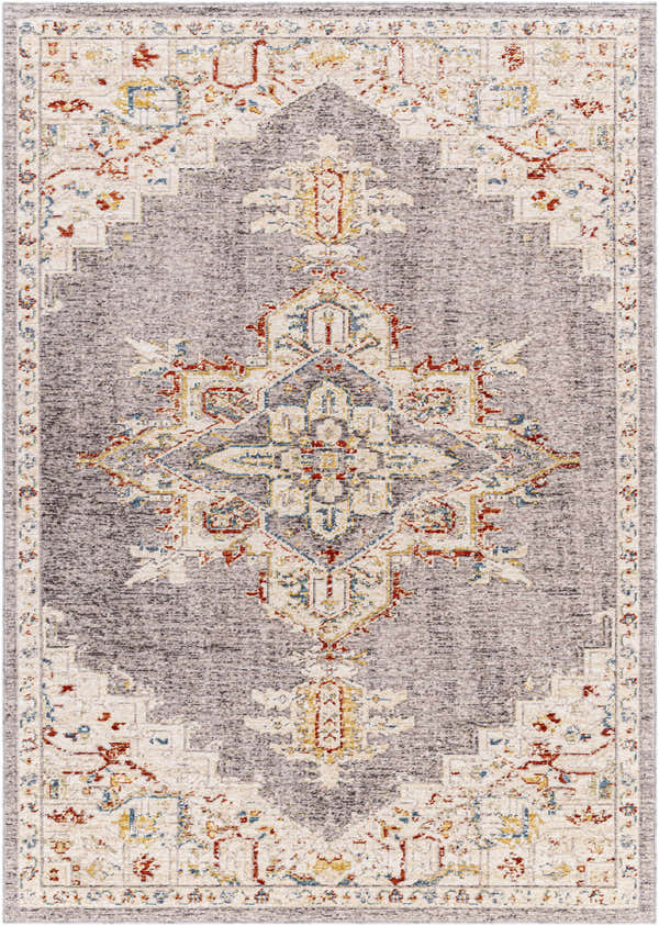 Close-up of Taia Traditional Style Rug. Bone, faded driftwood, garnet, and smoke colors with an oriental pattern. Design-Rectangle-58