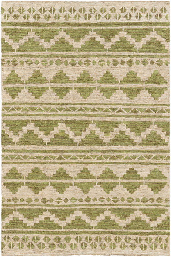 Close-up of the Tallula Jute Rug. Hand-woven rug with a farmhouse style, featuring a geometric pattern in green and beige. Design-Rectangle-58
