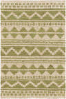 Close-up of the Tallula Jute Rug. Hand-woven rug with a farmhouse style, featuring a geometric pattern in green and beige. Design-Rectangle-58