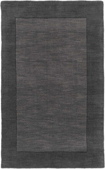 Close-up of a Bordered Solid Black Charcoal Wool Rug. Hand-loomed, contemporary style with a solid, textured design. Design-Rectangle-3353