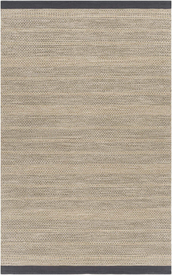 Close-up of Tanglewilde Area Carpet. Hand-woven cotton rug in beige, charcoal, and gray with a Southwestern-inspired pattern. Design-Rectangle-576