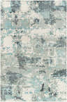 Close-up of the Tannersville Area Rug's contemporary design in beige, light beige, sage, and teal. Hand-loomed wool and viscose texture. Design-Rectangle-576