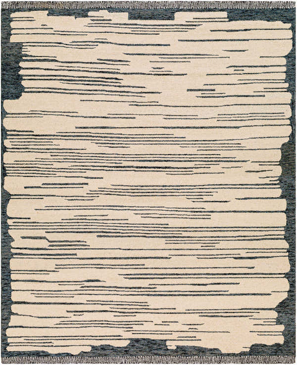 Close-up of Tapas Wool Area Rug showing cream and charcoal horizontal stripes and hand-tufted texture. Design-Rectangle-810