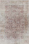Close-up of the Tapia Washable Area Rug. Features a brick red, dark blue, and gray traditional oriental pattern. Design-Rectangle-5373