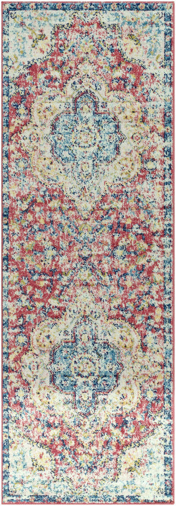 Close-up of the Simsbury Red Area Rug. Cream rug with dark pink, sky blue, and yellow traditional pattern. Design-Runner-2776