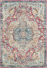 Close-up of the Simsbury Red Area Rug. Features cream, pink, blue, and yellow in a traditional, oriental pattern. Design-Rectangle-537