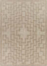 Close-up of Tarsus Indoor Outdoor Rug. Geometric pattern in cream and tan. Machine woven polypropylene rug. Design-Rectangle-537