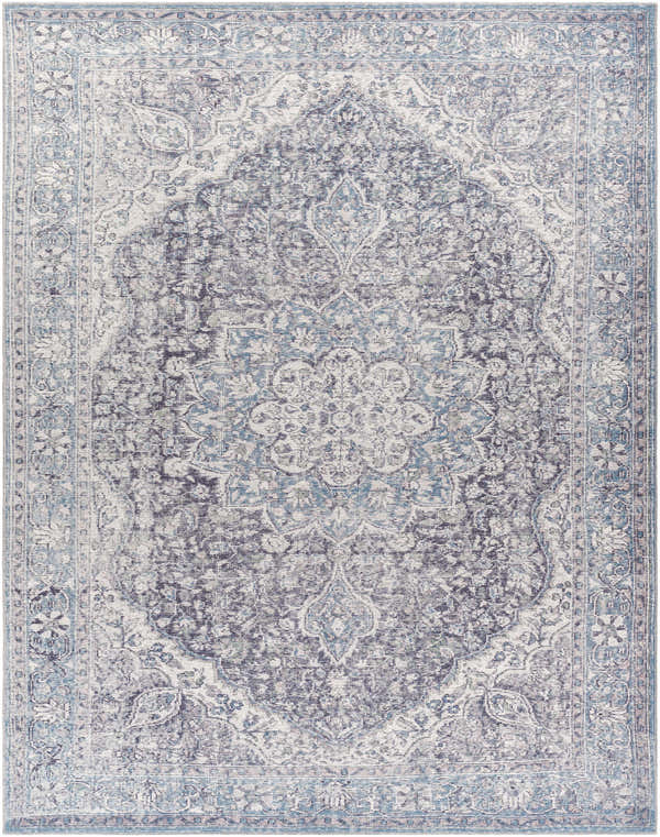 Close-up of the Tavas Blue Persian Style Washable Rug showing its intricate charcoal, cream, and blue traditional design. Design-Rectangle-710102