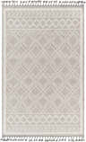 Close-up of Taye Area Rug, a geometric design in dusty sage, gray, and light gray with tassels. Bohemian style. Design-Rectangle-57