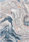 Close-up of the Tayport Blue Marble Rug, showcasing its abstract marble pattern in blue, gray, and coral hues. Design-Rectangle-5377