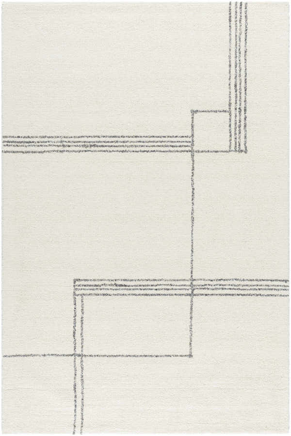 Close-up of the Truma Area Rug, a hand-tufted wool rug in light silver and off-white with a geometric line pattern. Design-Rectangle-576