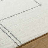 Close-up of the Truma Area Rug. Off white wool rug with a light silver geometric pattern and soft, textured pile. Texture