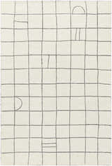 Close-up of the Tanya Pearl White Grid Wool Rug, featuring an off-white base and a gray grid pattern. Design-Rectangle-576