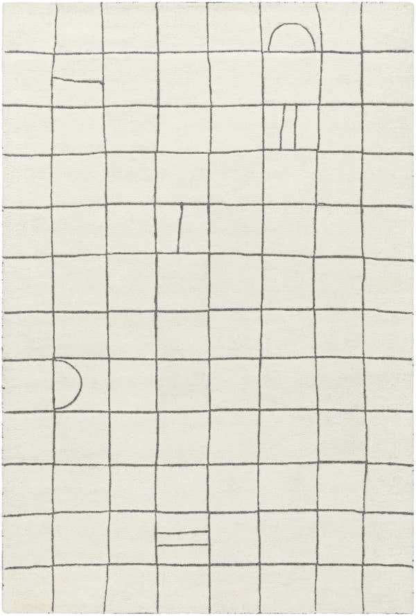 Close-up of the Tanya Pearl White Grid Wool Rug, featuring an off-white base and a gray grid pattern. Design-Rectangle-576