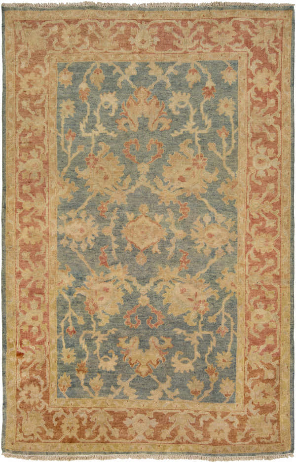 Hand knotted Tchula Clearance Rug in camel, light green, olive, and teal with a traditional floral pattern. Design-Rectangle-5686