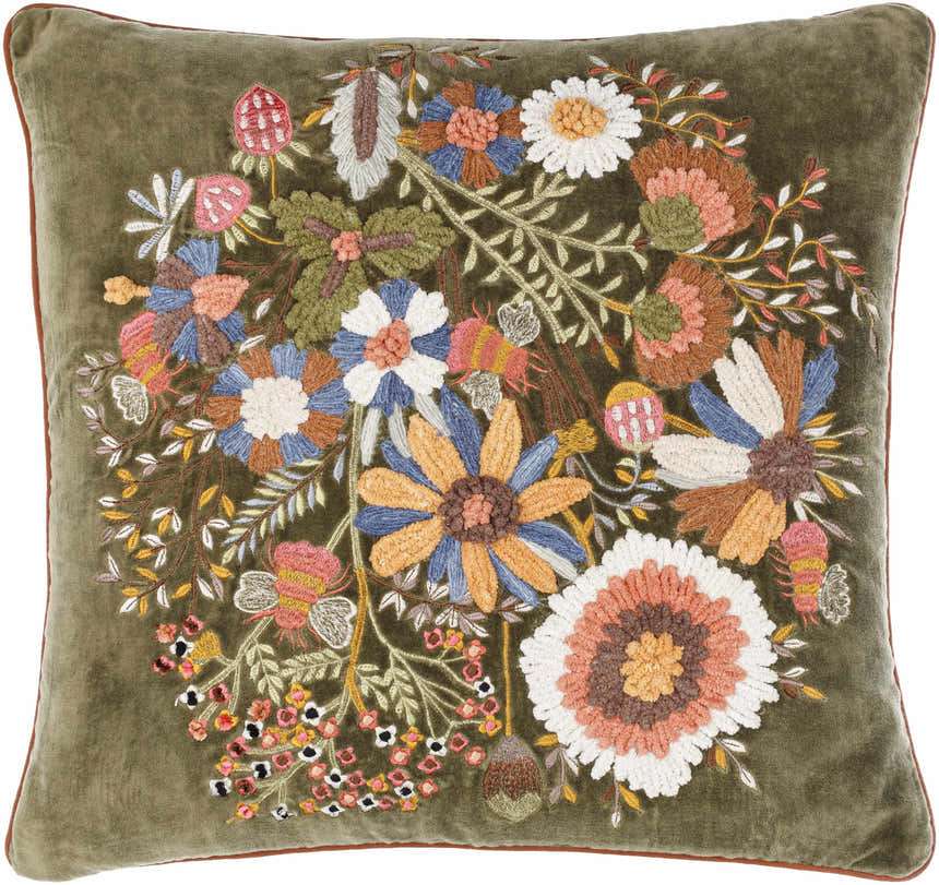 Verona Olive Floral Nature Pattern Cottage Cotton Lumbar Pillow - Clearance