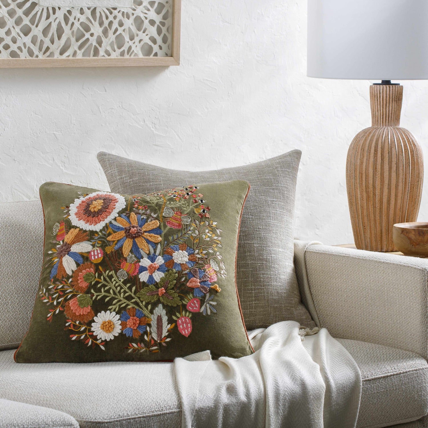 Verona Olive Floral Nature Pattern Cottage Cotton Lumbar Pillow - Clearance