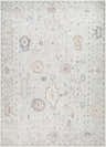 Close-up of the Taryn Area Rug. Farmhouse style rug with dusty pink, gray, and tan traditional pattern. Machine woven polyester. Design-Rectangle