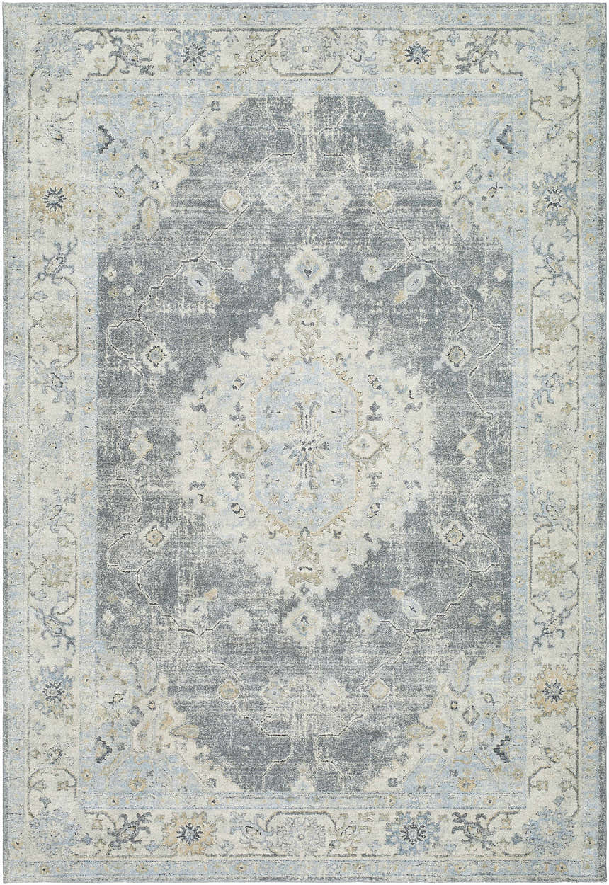 Close-up of the Tyche Tan Thick Luxe Area Rug, featuring a traditional beige, gray, and pale blue floral pattern. Design-Rectangle-679