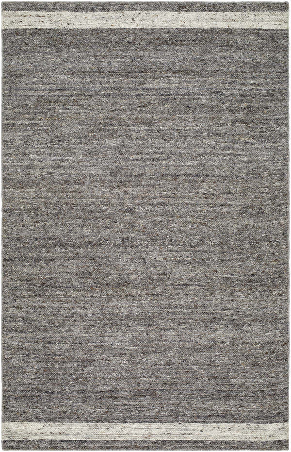 Close-up of the hand-tufted Tiran Gray Wool Area Rug. The rug has a farmhouse style with gray tones and subtle stripe detail. Design-Rectangle-576