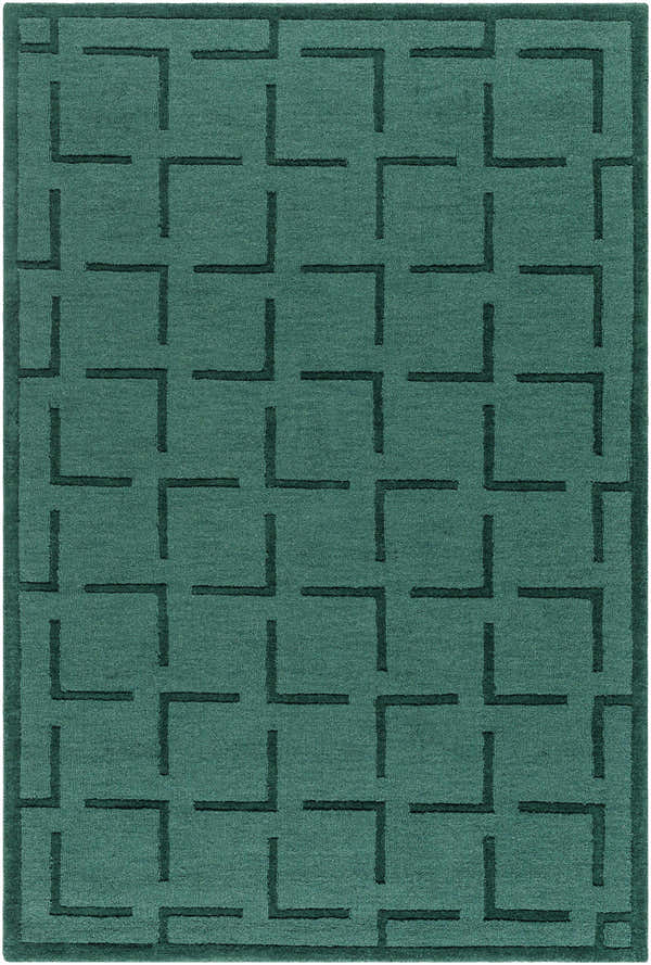 Close-up of the Treva Area Rug. Beetle blue wool rug with a contemporary geometric pattern and a hand-loomed texture. Design-Rectangle-576