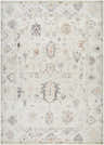 Close-up of the Trina Area Rug, a farmhouse style rug with charcoal, gray, and orange traditional patterns. Design-Rectangle