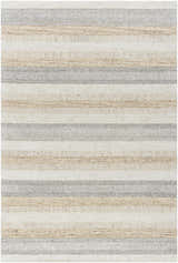 Close-up of the Touca Area Rug. Features ash, light silver, silver gray, and warm gray horizontal stripes. 100% wool. Design-Rectangle-576