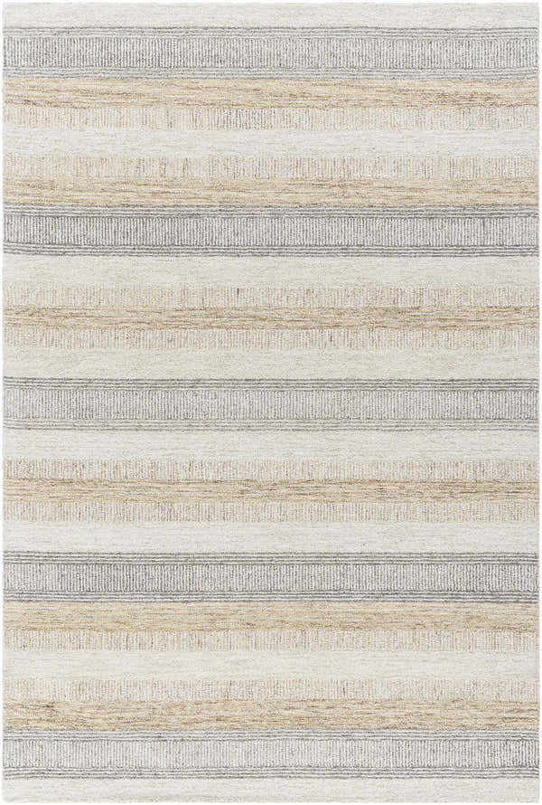Close-up of the Touca Area Rug. Features ash, light silver, silver gray, and warm gray horizontal stripes. 100% wool. Design-Rectangle-576