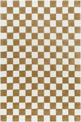 Close-up of the hand-tufted Timin Camel Checkered Area Rug. Cream and medium brown wool form a classic checkerboard pattern. Design-Rectangle-576