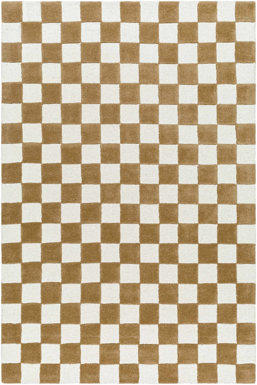 Close-up of the hand-tufted Timin Camel Checkered Area Rug. Cream and medium brown wool form a classic checkerboard pattern. Design-Rectangle-576