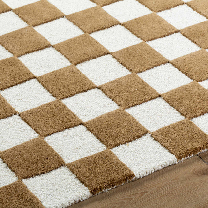 Close up of the Timin Camel Checkered Area Rug. Cream and medium brown wool rug with a checkerboard pattern. Texture