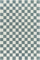 Close-up of the hand-tufted Timin Blue Gray Checkered Area Rug, featuring a cream and medium gray checkerboard pattern. Design-Rectangle-576