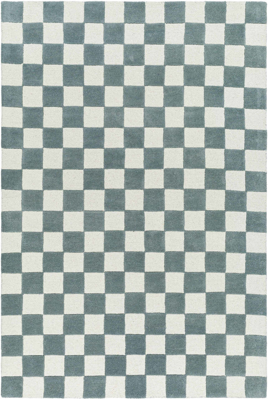 Close-up of the hand-tufted Timin Blue Gray Checkered Area Rug, featuring a cream and medium gray checkerboard pattern. Design-Rectangle-576
