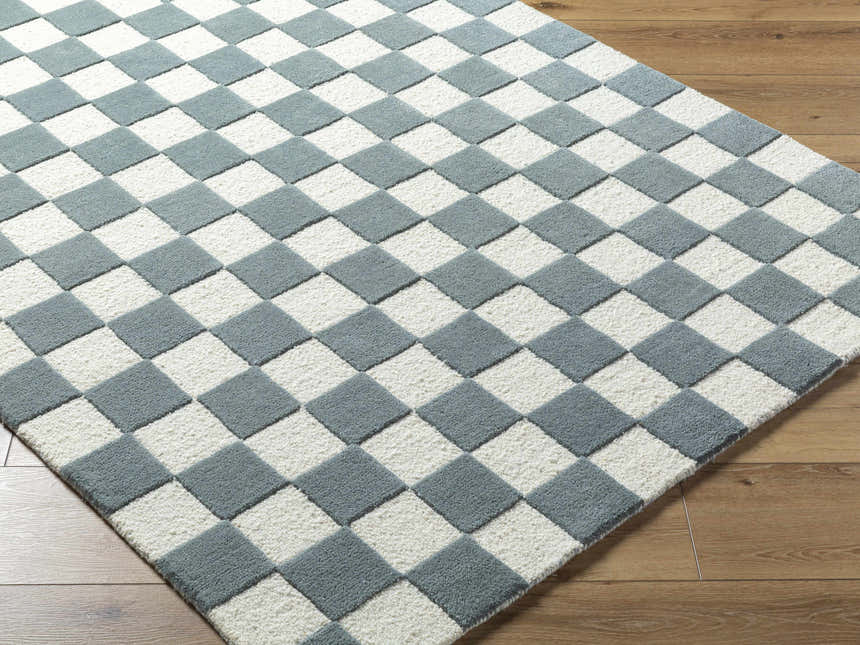 Close-up of the hand-tufted Timin Blue Gray Checkered Area Rug showing its cream and medium gray wool texture. Corner