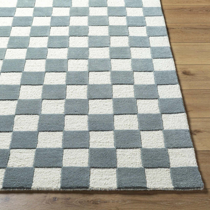 Close up of the Timin Blue Gray Checkered Area Rug showing cream and medium gray squares, and wool texture. Front