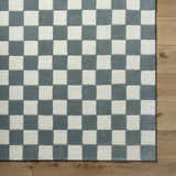 Close-up of Timin Blue Gray Checkered Area Rug. Cream and gray wool rug with a checkerboard pattern. Corner