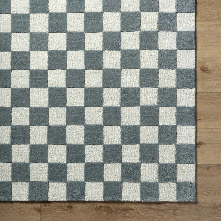 Close-up of Timin Blue Gray Checkered Area Rug. Cream and gray wool rug with a checkerboard pattern. Corner