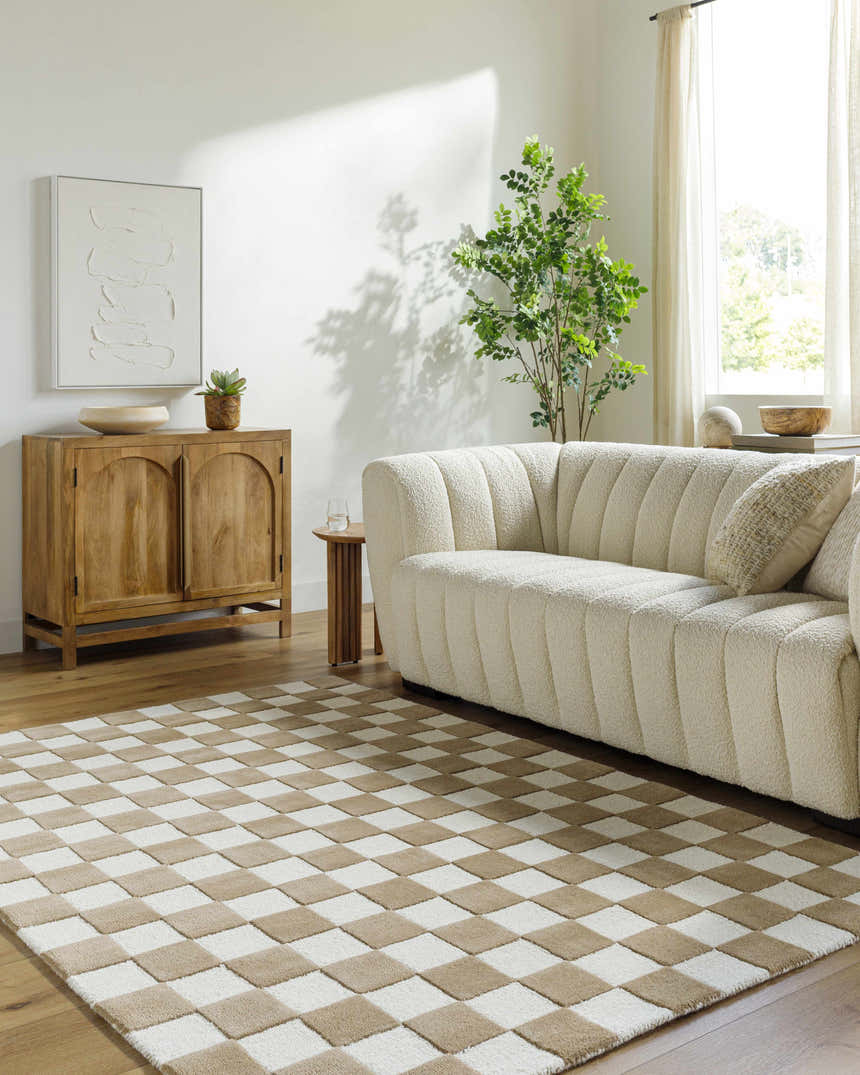 Living room with a cream sofa and the Timin Brown Checkered Wool Area Carpet. Modern decor with wood accents and a neutral color palette. Roomscene-Rectangle