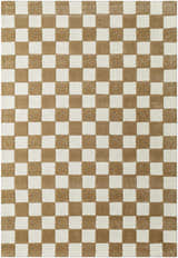 Close-up of the Timin Brown Checkered Wool Area Carpet, featuring a cream and brown checkerboard pattern. Hand-tufted texture. Design-Rectangle-576