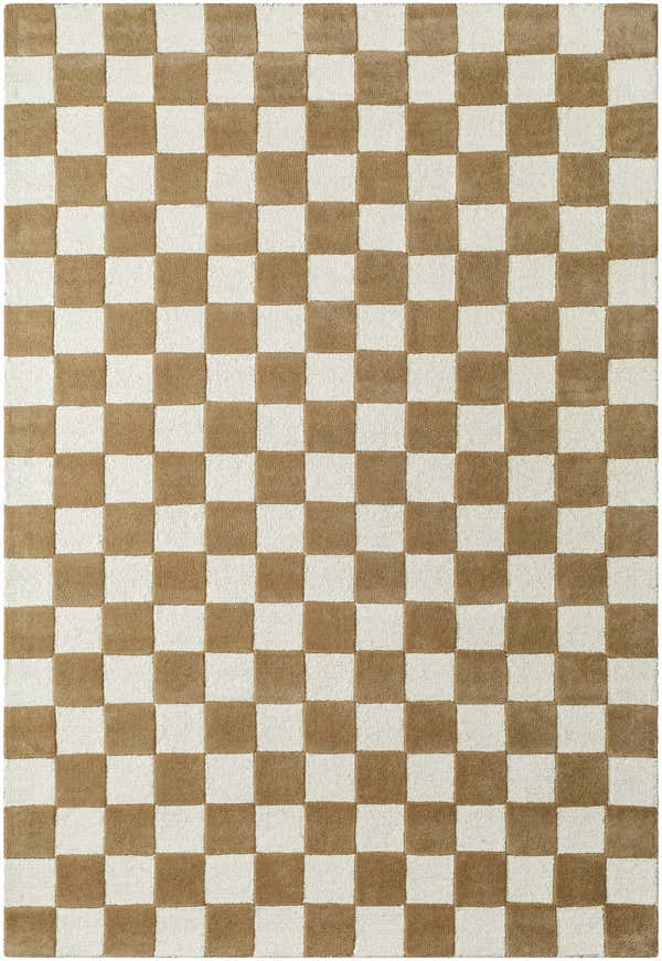 Close-up of the Timin Brown Checkered Wool Area Carpet, featuring a cream and brown checkerboard pattern. Hand-tufted texture. Design-Rectangle-576