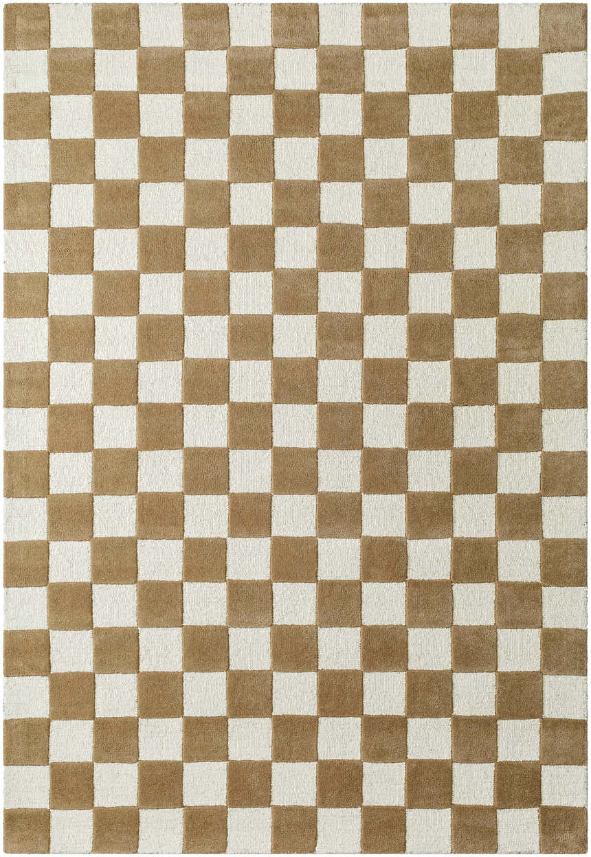 Close-up of the Timin Brown Checkered Wool Area Carpet, featuring a cream and brown checkerboard pattern. Hand-tufted texture. Design-Rectangle-576