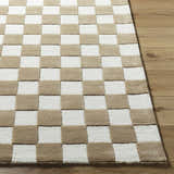 Close-up of the Timin Brown Checkered Wool Area Carpet showing cream and brown squares on a wood floor. Front