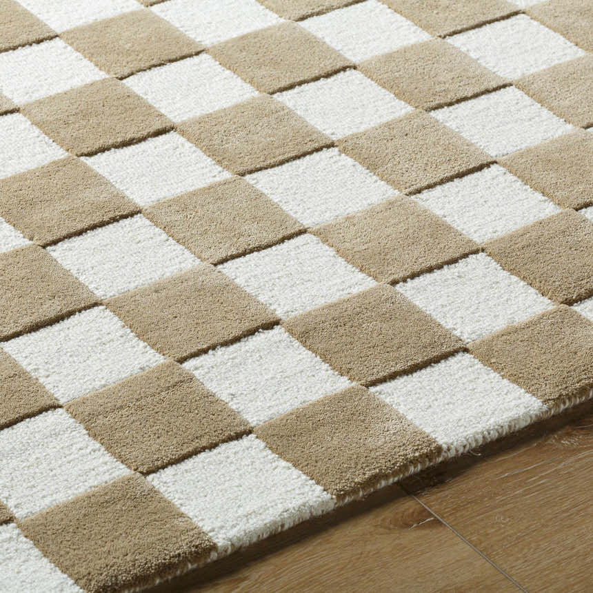 Close-up of the Timin Brown Checkered Wool Area Carpet showing cream and brown squares and textured wool. Texture