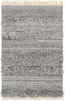 Close-up of the Teachey Carpet Area Rug. Hand-woven shag rug with cream fringe and textured stripes in shades of gray. Design-Rectangle-23