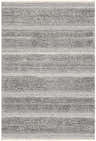 Close-up of the Teachey rug. Hand-woven shag rug in cream and gray with horizontal stripes and fringe. Bohemian style. Design-Rectangle-576