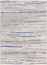 Close-up of Tekirova Striped Area Carpet: contemporary design with blue, pink, gray, and gold stripes on a cream background. Design-Rectangle-537