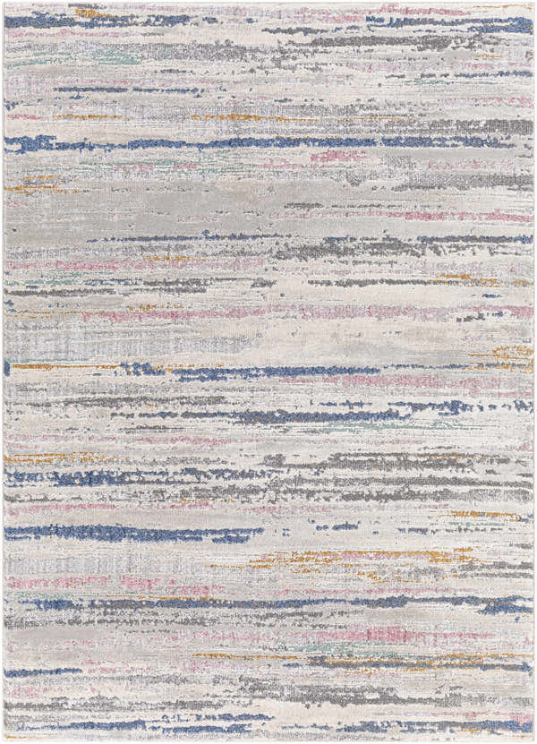 Close-up of Tekirova Striped Area Carpet: contemporary design with blue, pink, gray, and gold stripes on a cream background. Design-Rectangle-537