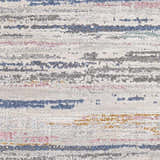 Close-up of Tekirova Striped Area Carpet. Contemporary design with blue, gray, pink, and gold stripes on a textured, neutral background. Swatch