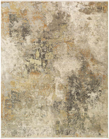 Close-up of the Telogia Carpet: a contemporary, hand-knotted wool rug with an abstract pattern in neutral tones of beige, gray, and gold. Design-Rectangle-810